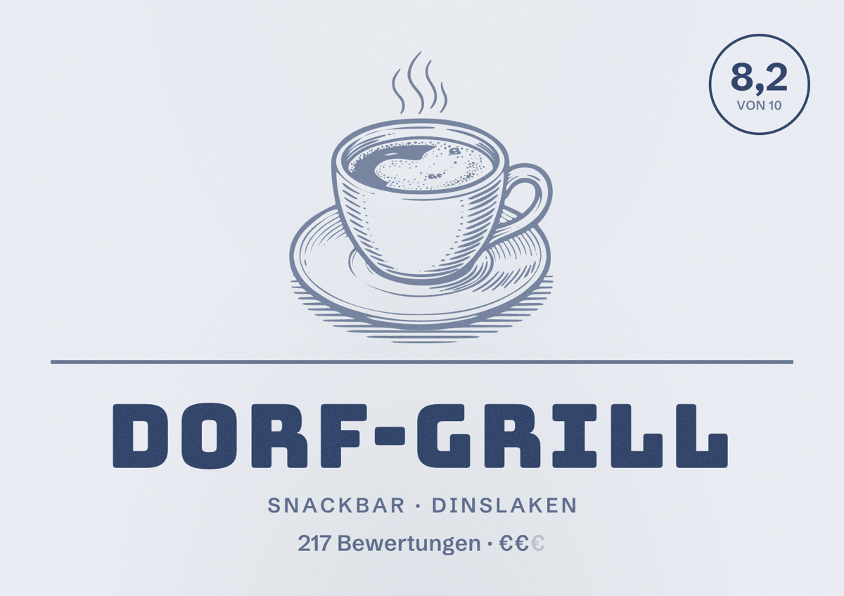 Illustriertes Poster von Dorf-Grill, Snackbar in Dinslaken: Bewertung 8,2 von 10 aus 217 Bewertungen, Preisniveau €€