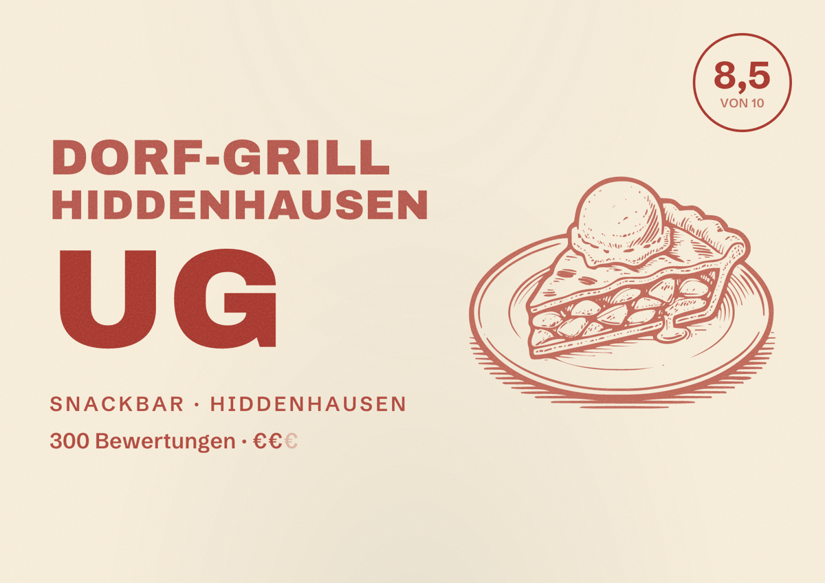 Illustriertes Poster von Dorf-Grill Hiddenhausen UG, Snackbar in Hiddenhausen: Bewertung 8,5 von 10 aus 300 Bewertungen, Preisniveau €€