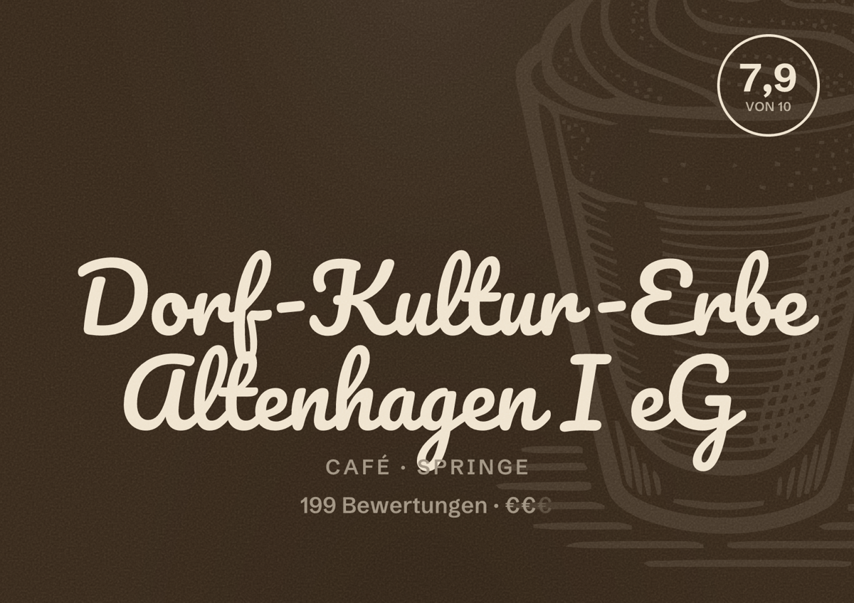 Illustriertes Poster von Dorf-Kultur-Erbe Altenhagen I eG, Café in Springe: Bewertung 7,9 von 10 aus 199 Bewertungen, Preisniveau €€