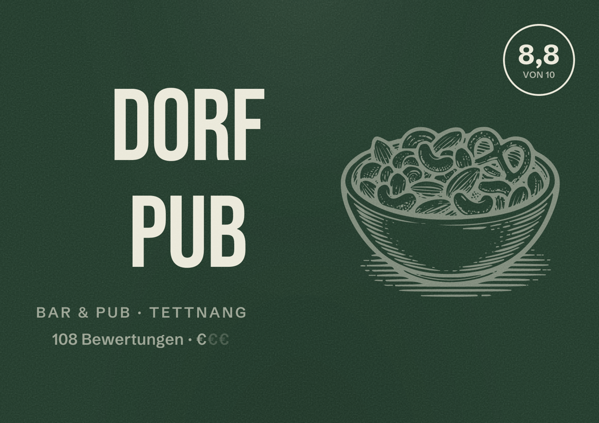 Illustriertes Poster von Dorf Pub, Bar & Pub in Tettnang: Bewertung 8,8 von 10 aus 108 Bewertungen, Preisniveau €