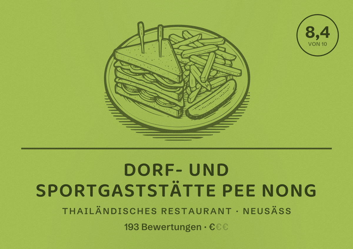 Illustriertes Poster von Dorf- und Sportgaststätte Pee Nong, Thailändisches Restaurant in Neusäß: Bewertung 8,4 von 10 aus 193 Bewertungen, Preisniveau €