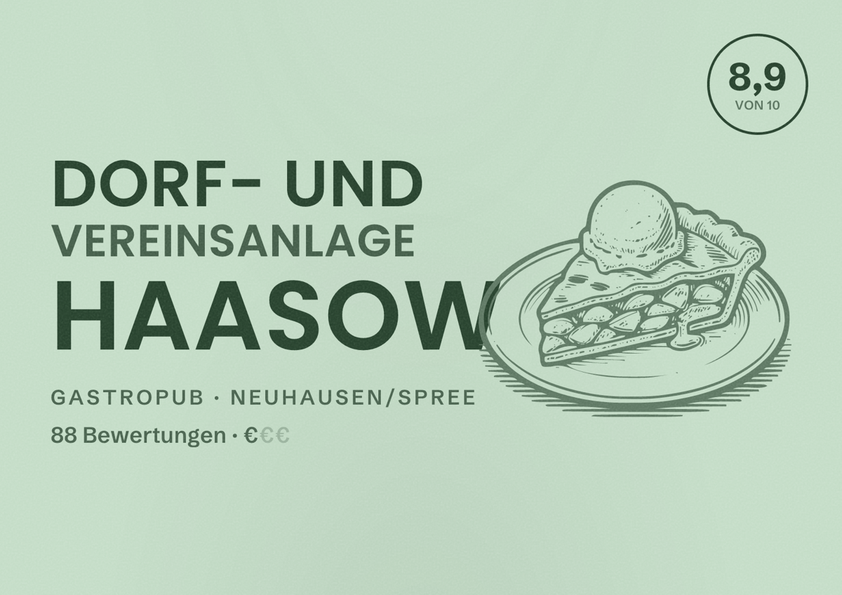 Illustriertes Poster von Dorf- und Vereinsanlage Haasow, Gastropub in Neuhausen/Spree: Bewertung 8,9 von 10 aus 88 Bewertungen, Preisniveau €