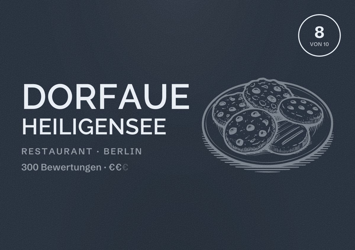 Illustriertes Poster von Dorfaue Heiligensee, Restaurant in Berlin: Bewertung 8,0 von 10 aus 300 Bewertungen, Preisniveau €€