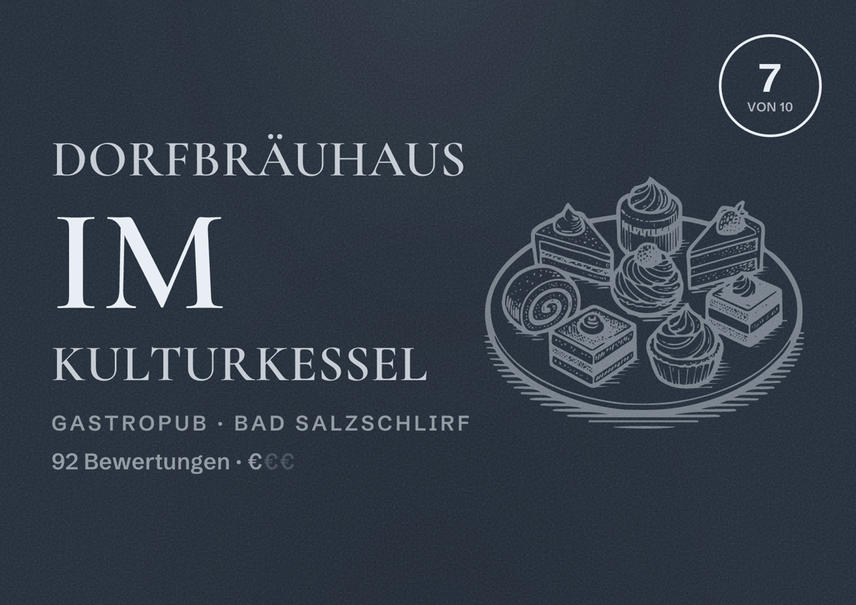 Illustriertes Poster von Dorfbräuhaus im Kulturkessel, Gastropub in Bad Salzschlirf: Bewertung 7 von 10 aus 92 Bewertungen, Preisniveau €