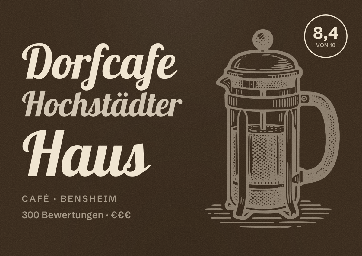 Illustriertes Poster von Dorfcafe Hochstädter Haus, Café in Bensheim: Bewertung 8,4 von 10 aus 300 Bewertungen, Preisniveau €€€