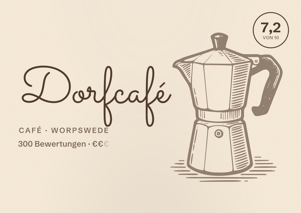 Illustriertes Poster von Dorfcafé, Café in Worpswede: Bewertung 7,2 von 10 aus 300 Bewertungen, Preisniveau €€