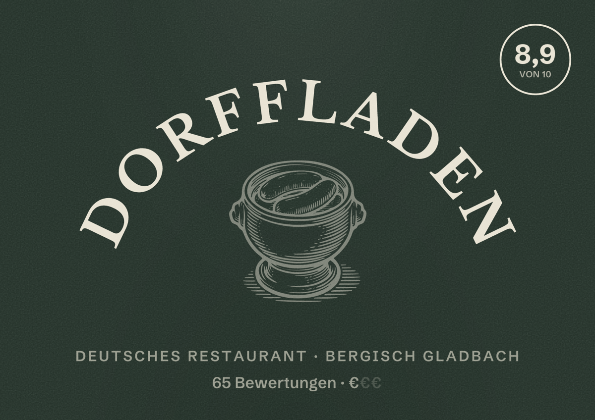 Illustriertes Poster von DORFFladen, Deutsches Restaurant in Bergisch Gladbach: Bewertung 8,9 von 10 aus 65 Bewertungen, Preisniveau €