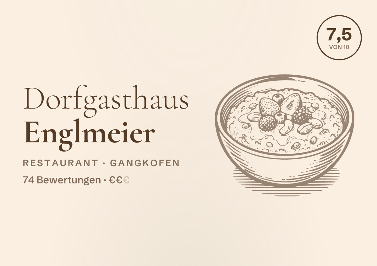 Illustriertes Poster von Dorfgasthaus Englmeier, Restaurant in Gangkofen: Bewertung 7,5 von 10 aus 74 Bewertungen, Preisniveau €€