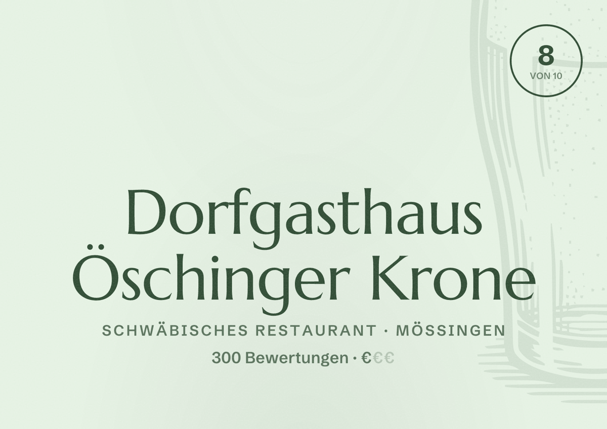 Illustriertes Poster von Dorfgasthaus Öschinger Krone, Schwäbisches Restaurant in Mössingen: Bewertung 8 von 10 aus 300 Bewertungen, Preisniveau €