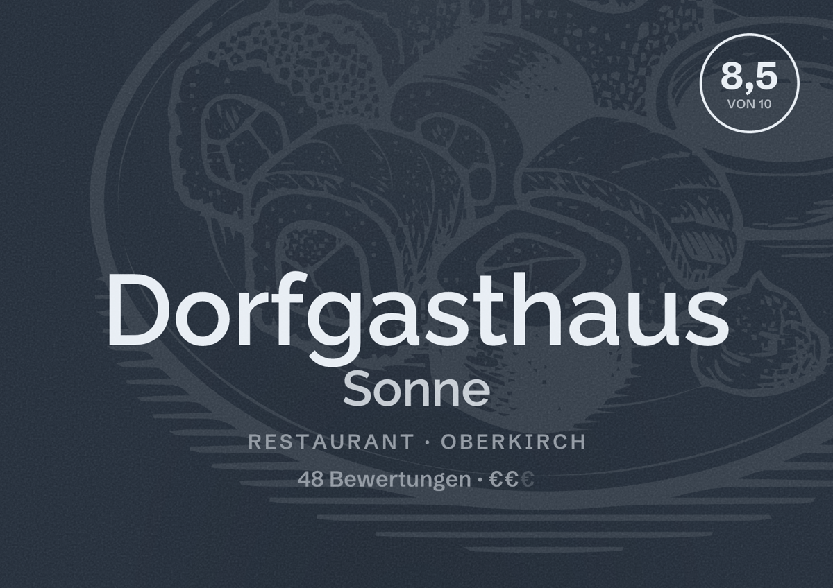 Illustriertes Poster von Dorfgasthaus Sonne, Restaurant in Oberkirch: Bewertung 8,5 von 10 aus 48 Bewertungen, Preisniveau €€