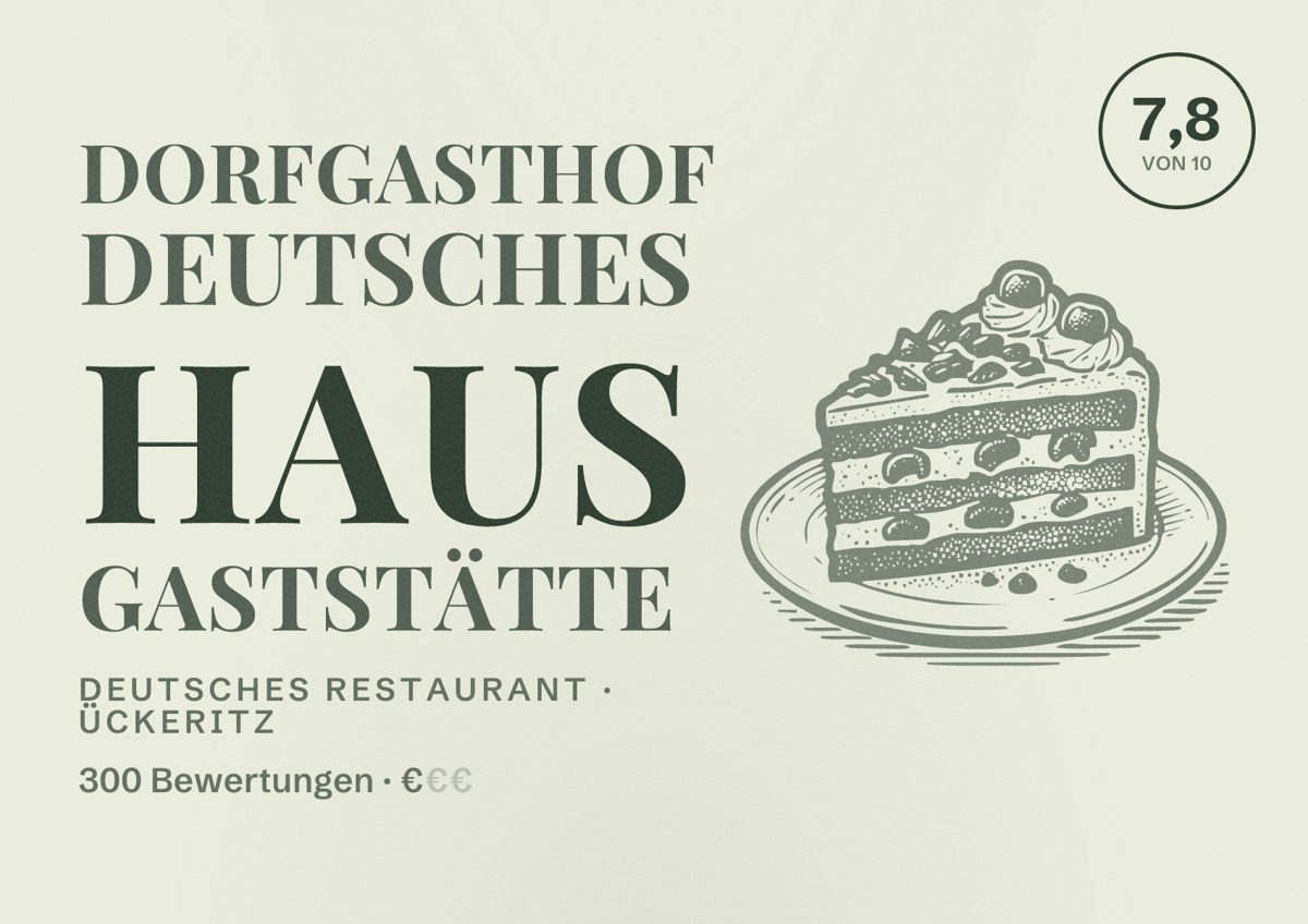 Illustriertes Poster von Dorfgasthof Deutsches Haus Gaststätte, Deutsches Restaurant in Ückeritz: Bewertung 7,8 von 10 aus 300 Bewertungen, Preisniveau €
