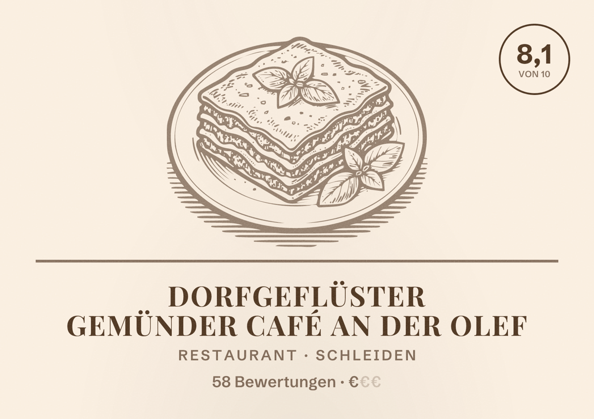 Illustriertes Poster von Dorfgeflüster Gemünder Café an der Olef, Restaurant in Schleiden: Bewertung 8,1 von 10 aus 58 Bewertungen, Preisniveau €