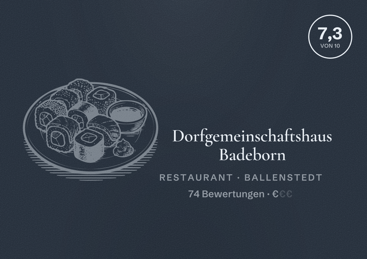 Illustriertes Poster von Dorfgemeinschaftshaus Badeborn, Restaurant in Ballenstedt: Bewertung 7,3 von 10 aus 74 Bewertungen, Preisniveau €