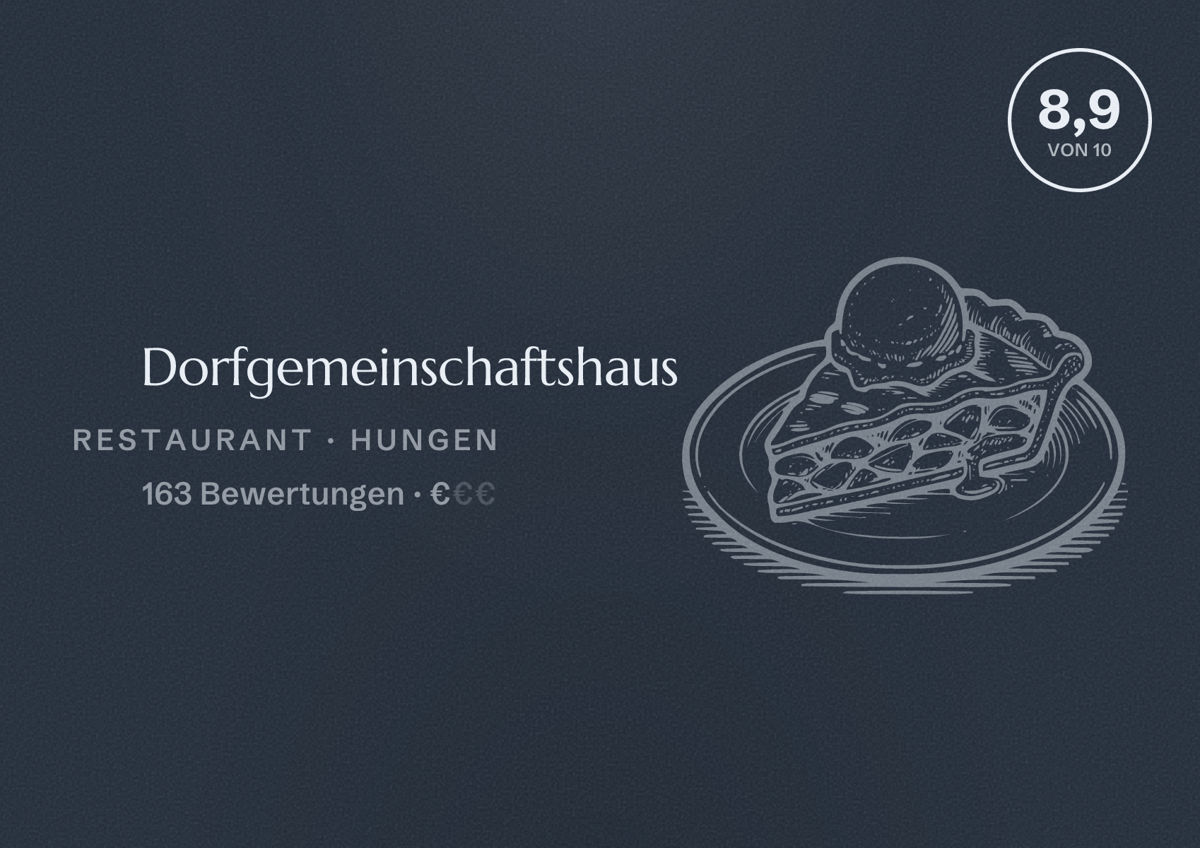 Illustriertes Poster von Dorfgemeinschaftshaus, Restaurant in Hungen: Bewertung 8,9 von 10 aus 163 Bewertungen, Preisniveau €