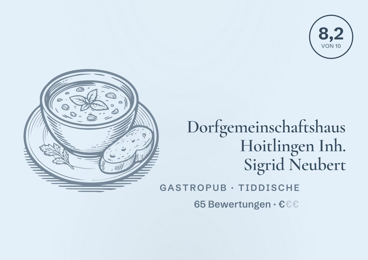 Illustriertes Poster von Dorfgemeinschaftshaus Hoitlingen Inh. Sigrid Neubert, Gastropub in Tiddische: Bewertung 8,2 von 10 aus 65 Bewertungen, Preisniveau €