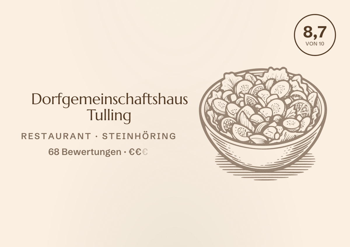 Illustriertes Poster von Dorfgemeinschaftshaus Tulling, Restaurant in Steinhöring: Bewertung 8,7 von 10 aus 68 Bewertungen, Preisniveau €€