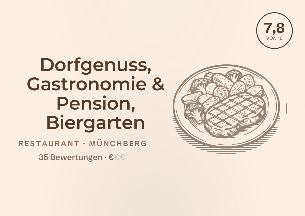 Illustriertes Poster von Dorfgenuss, Gastronomie & Pension, Biergarten, Restaurant in Münchberg: Bewertung 7,8 von 10 aus 35 Bewertungen, Preisniveau €