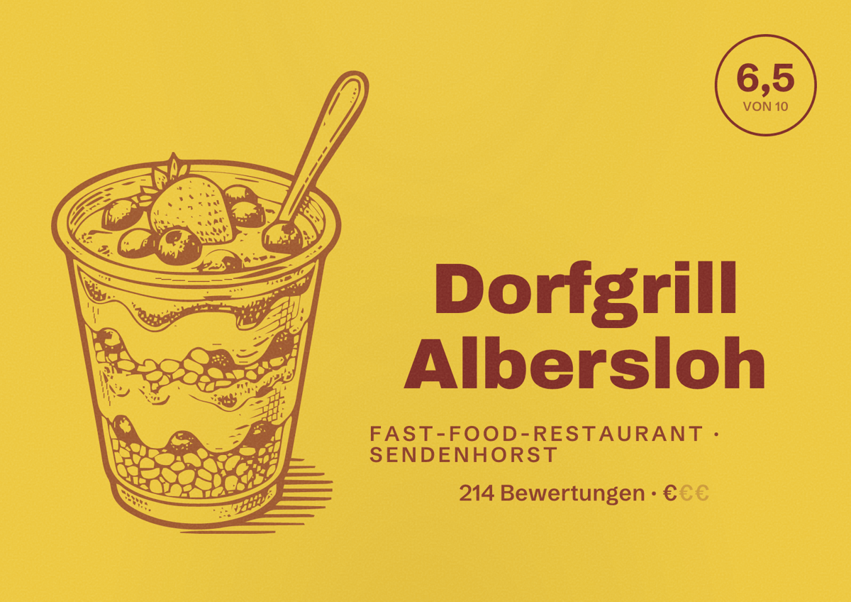 Illustriertes Poster von Dorfgrill Albersloh, Fast-Food-Restaurant in Sendenhorst: Bewertung 6,5 von 10 aus 214 Bewertungen, Preisniveau €