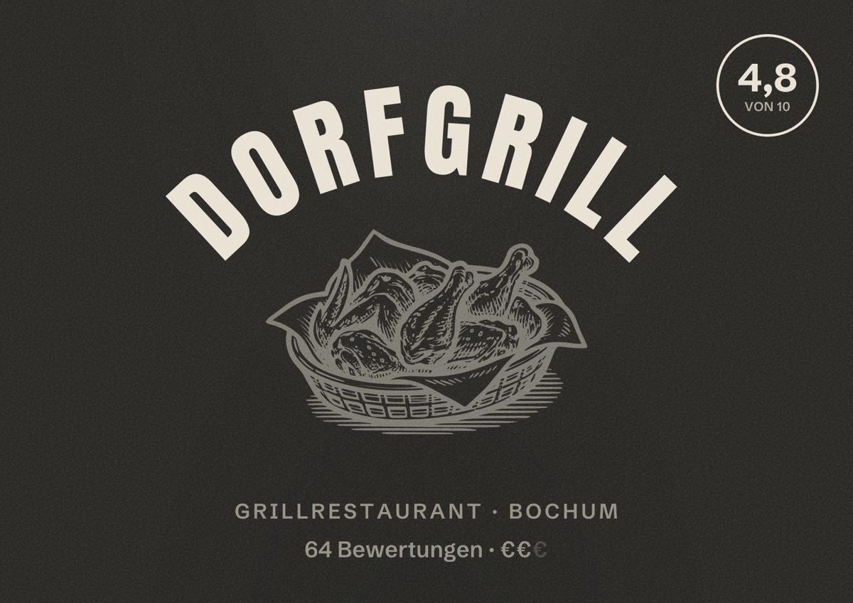Illustriertes Poster von Dorfgrill, Grillrestaurant in Bochum: Gästebewertung 4,8 von 10 aus 64 Bewertungen