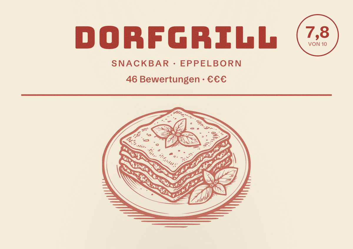 Illustriertes Poster von Dorfgrill, Snackbar in Eppelborn: Bewertung 7,8 von 10 aus 46 Bewertungen, Preisniveau €€€