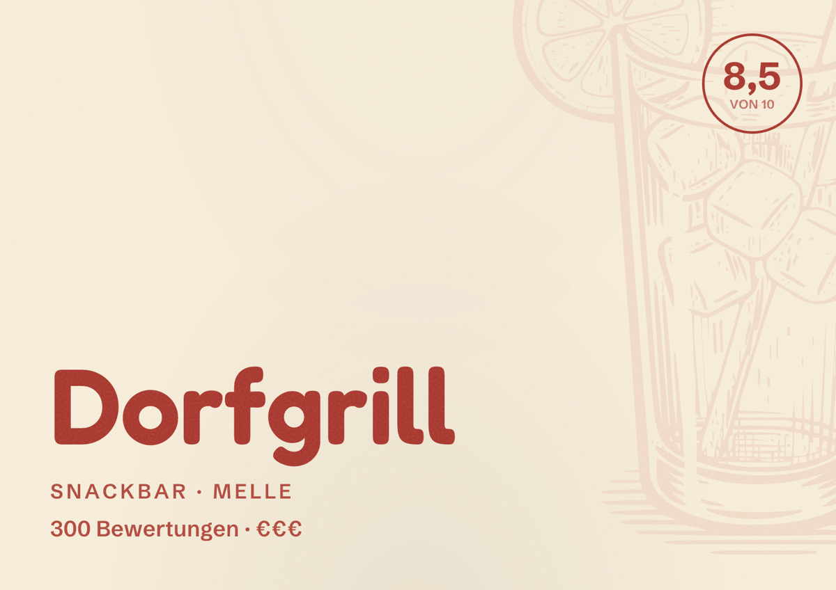 Illustriertes Poster von Dorfgrill, Snackbar in Melle: Bewertung 8,5 von 10 aus 300 Bewertungen, Preisniveau €€€