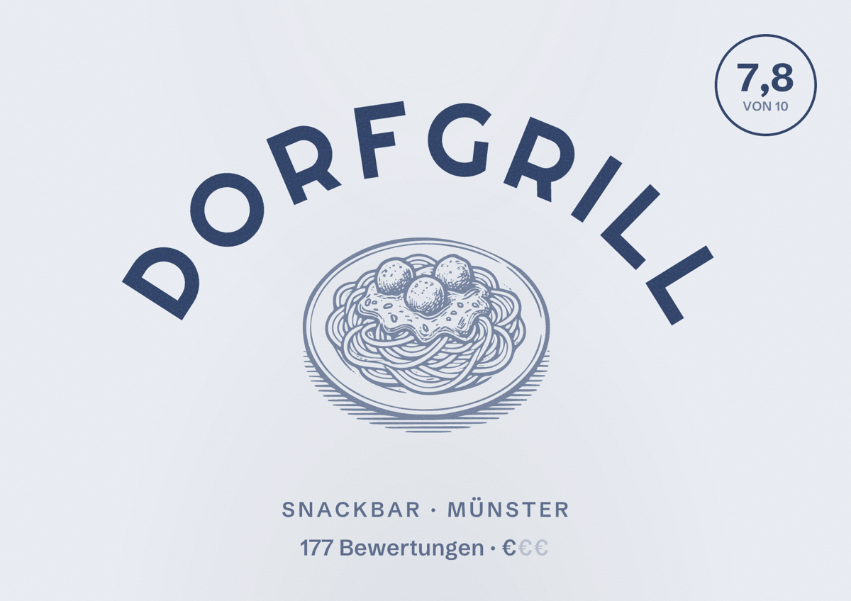 Illustriertes Poster von Dorfgrill, Snackbar in Münster: Bewertung 7,8 von 10 aus 177 Bewertungen, Preisniveau €