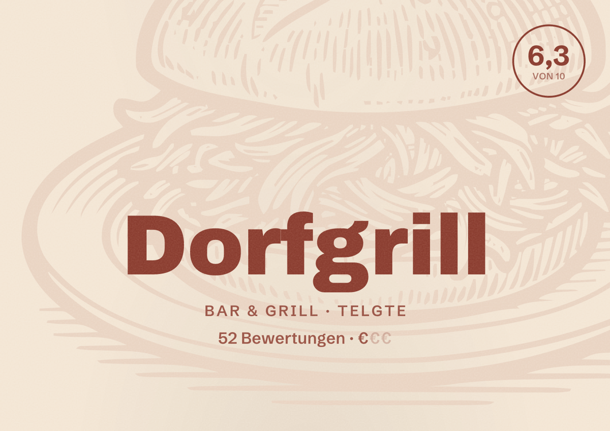 Illustriertes Poster von Dorfgrill, Bar & Grill in Telgte: Bewertung 6,3 von 10 aus 52 Bewertungen, Preisniveau €