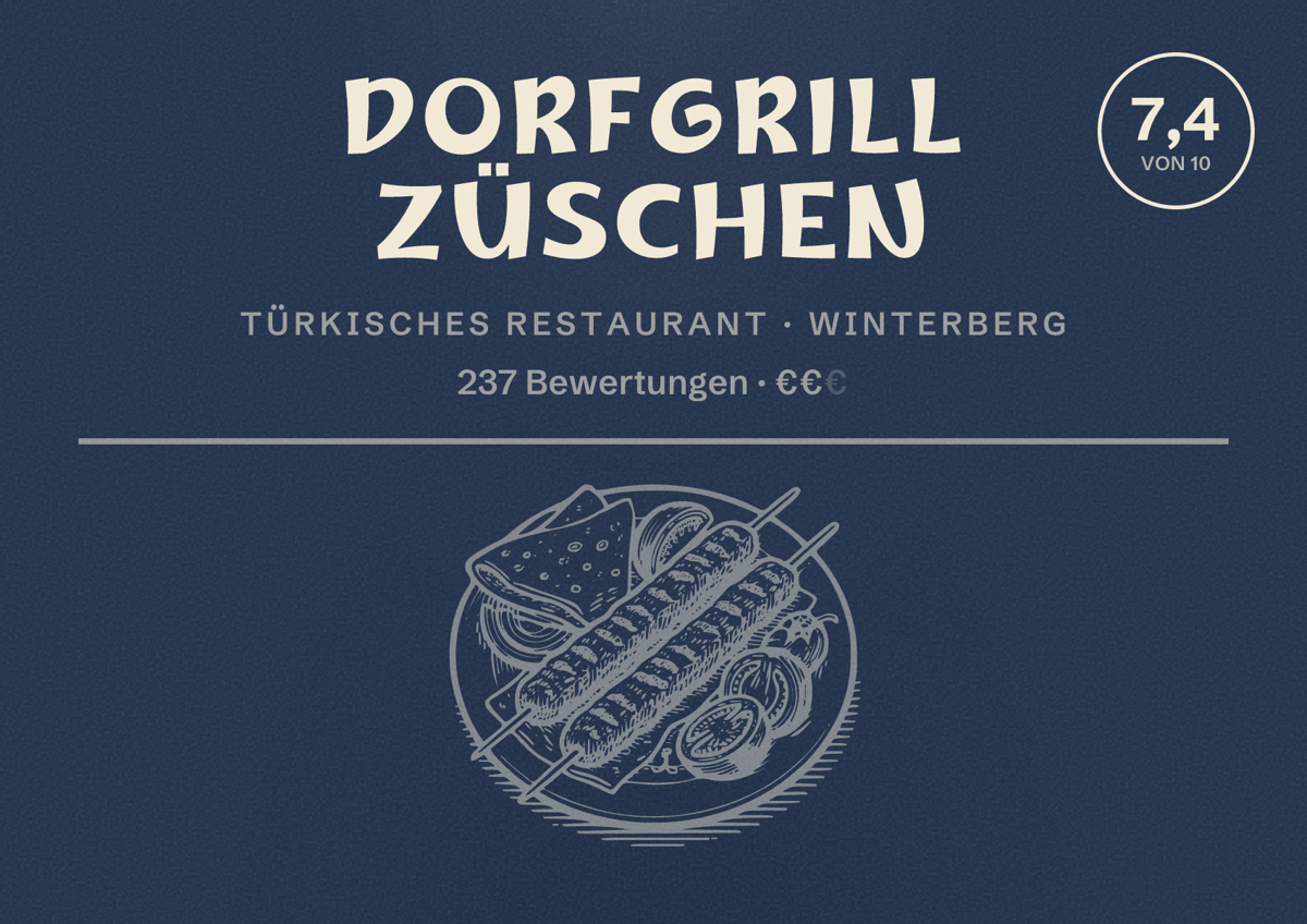 Illustriertes Poster von Dorfgrill Züschen, Türkisches Restaurant in Winterberg: Bewertung 7,4 von 10 aus 237 Bewertungen, Preisniveau €€