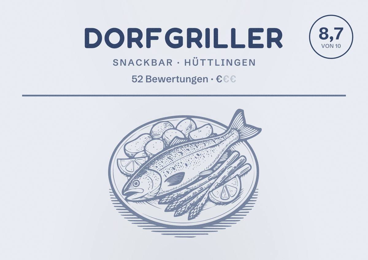 Illustriertes Poster von Dorfgriller, Snackbar in Hüttlingen: Bewertung 8,7 von 10 aus 52 Bewertungen, Preisniveau €
