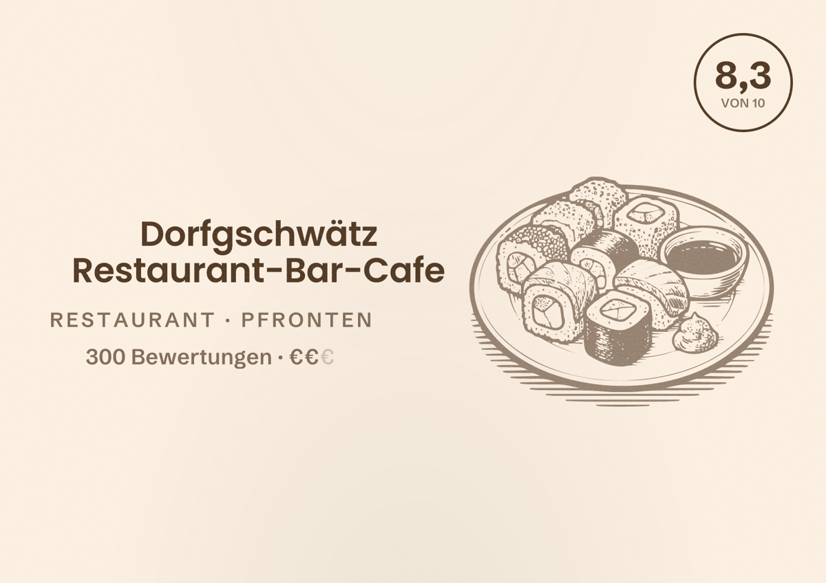 Illustriertes Poster von Dorfgschwätz Restaurant-Bar-Cafe, Restaurant in Pfronten: Bewertung 8,3 von 10 aus 300 Bewertungen, Preisniveau €€