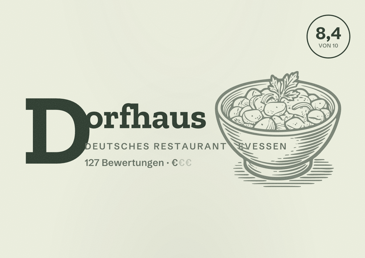 Illustriertes Poster von Dorfhaus, Deutsches Restaurant in Evessen: Bewertung 8,4 von 10 aus 127 Bewertungen, Preisniveau €