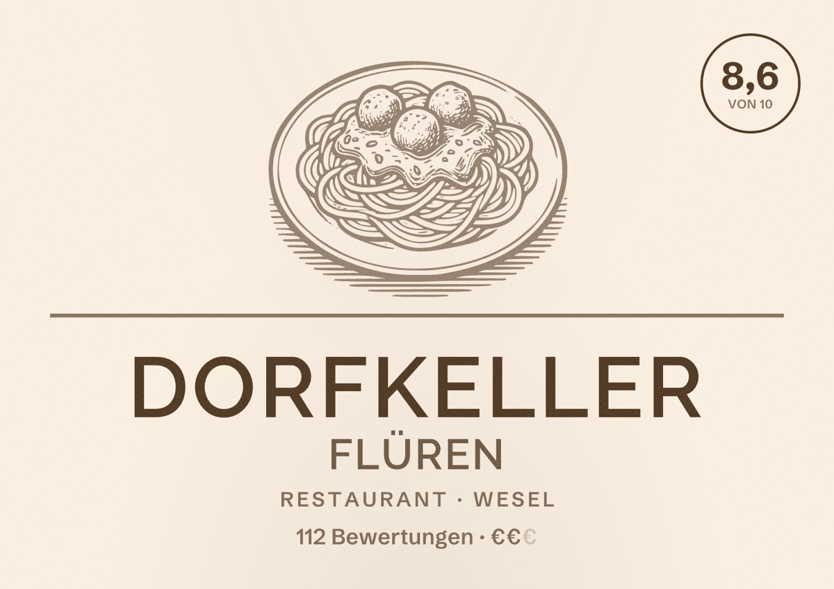 Illustriertes Poster von Dorfkeller Flüren, Restaurant in Wesel: Bewertung 8,6 von 10 aus 112 Bewertungen, Preisniveau €€