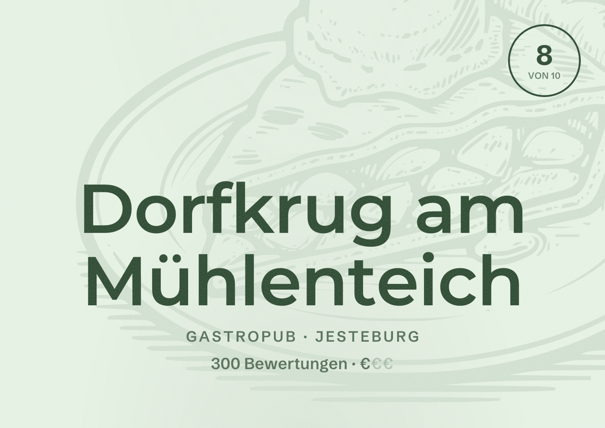 Illustriertes Poster von Dorfkrug am Mühlenteich, Gastropub in Jesteburg: Bewertung 8 von 10 aus 300 Bewertungen, Preisniveau €