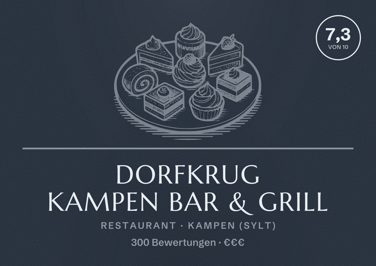 Illustriertes Poster von DORFKRUG KAMPEN Bar & Grill, Restaurant in Kampen (Sylt): Bewertung 7,3 von 10 aus 300 Bewertungen, Preisniveau €€€