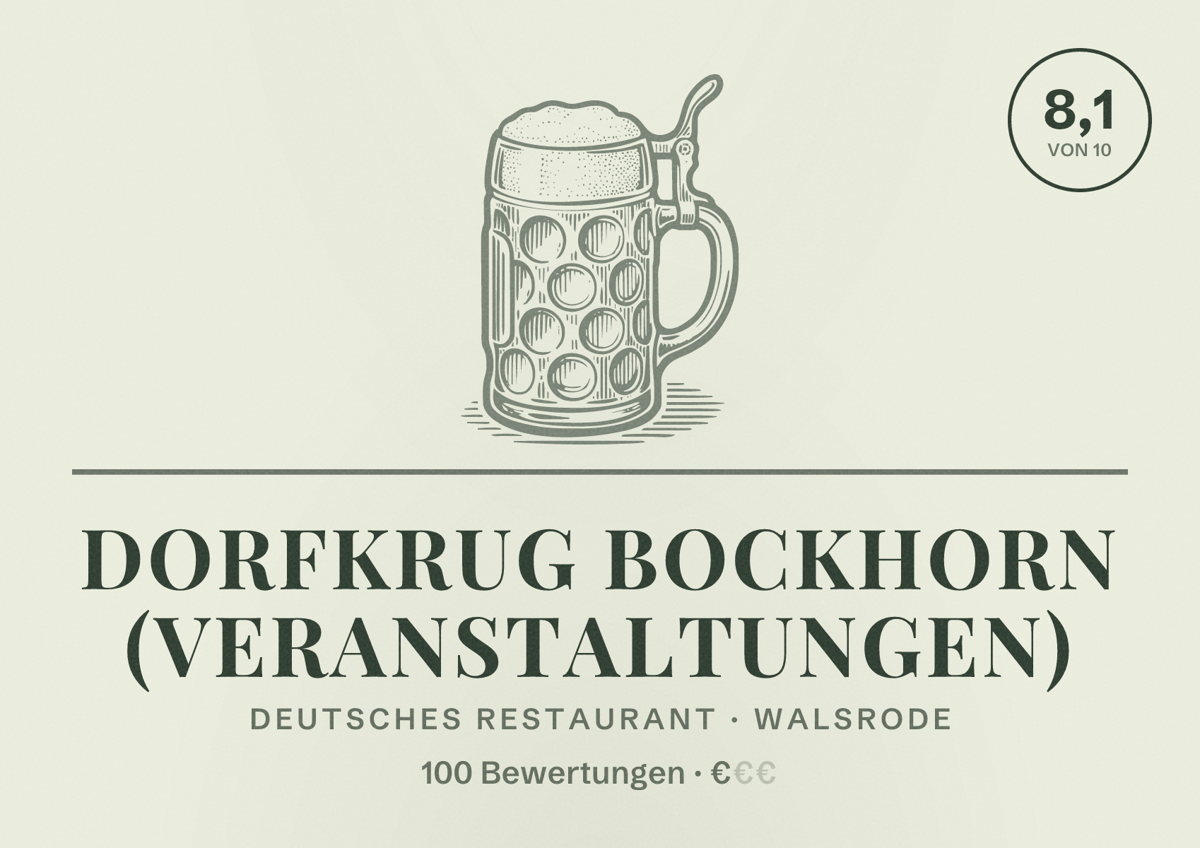 Illustriertes Poster von Dorfkrug Bockhorn (Veranstaltungen), Deutsches Restaurant in Walsrode: Bewertung 8,1 von 10 aus 100 Bewertungen, Preisniveau €