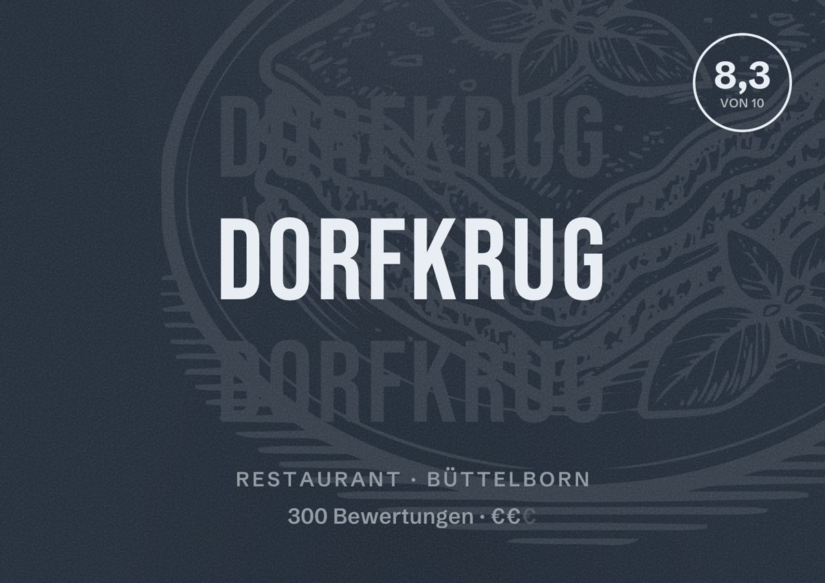 Illustriertes Poster von Dorfkrug, Restaurant in Büttelborn: Bewertung 8,3 von 10 aus 300 Bewertungen, Preisniveau €€