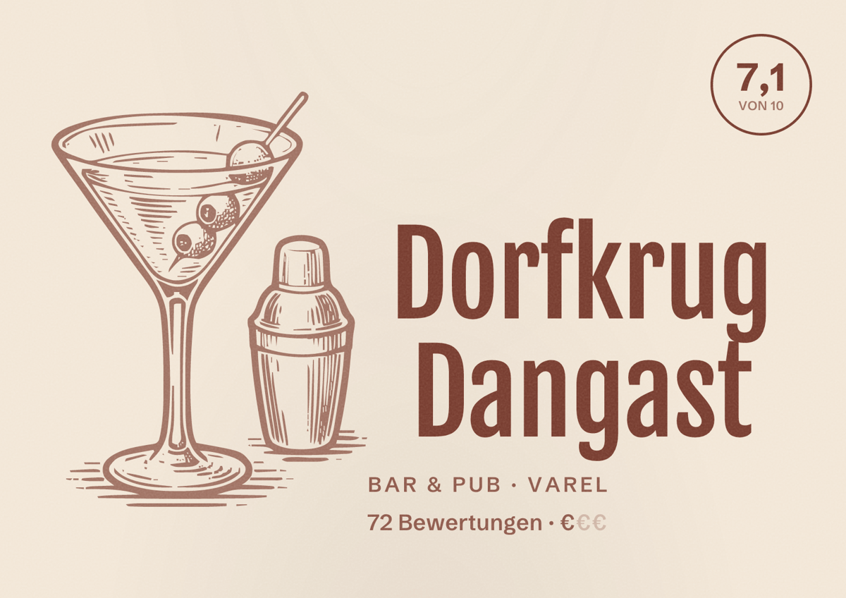 Illustriertes Poster von Dorfkrug Dangast, Bar & Pub in Varel: Bewertung 7,1 von 10 aus 72 Bewertungen, Preisniveau €