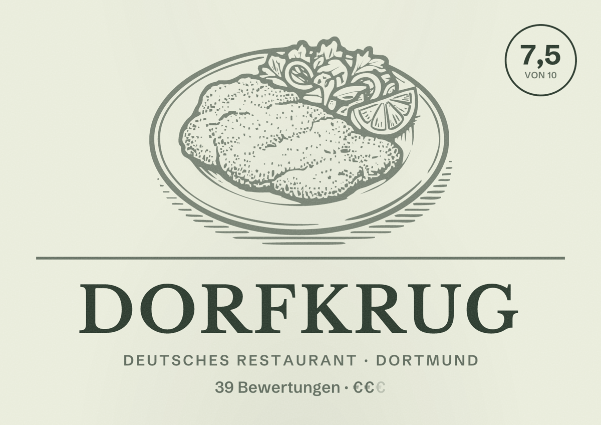 Illustriertes Poster von Dorfkrug, Deutsches Restaurant in Dortmund: Gästebewertung 7,5 von 10 aus 39 Bewertungen