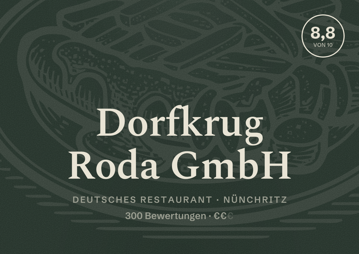 Illustriertes Poster von Dorfkrug Roda GmbH, Deutsches Restaurant in Nünchritz: Bewertung 8,8 von 10 aus 300 Bewertungen, Preisniveau €€