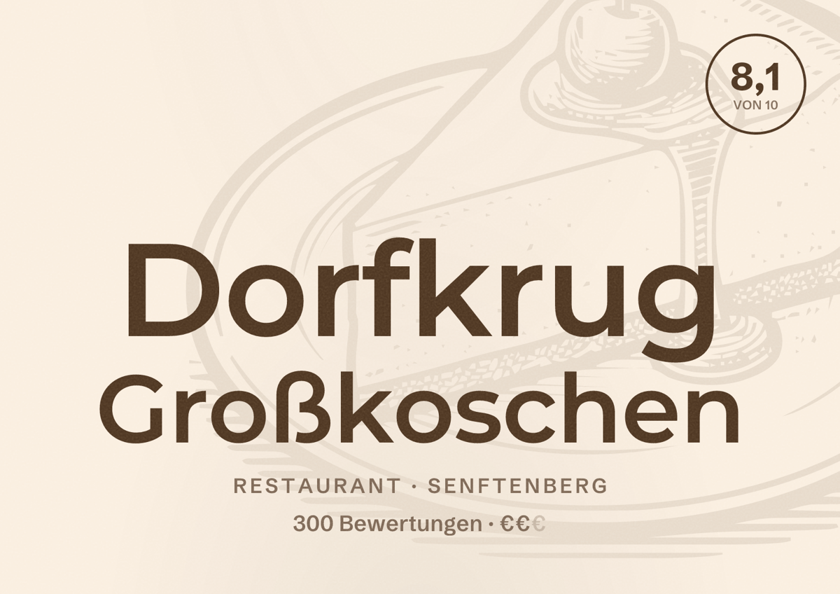 Illustriertes Poster von Dorfkrug Großkoschen, Restaurant in Senftenberg: Bewertung 8,1 von 10 aus 300 Bewertungen, Preisniveau €€