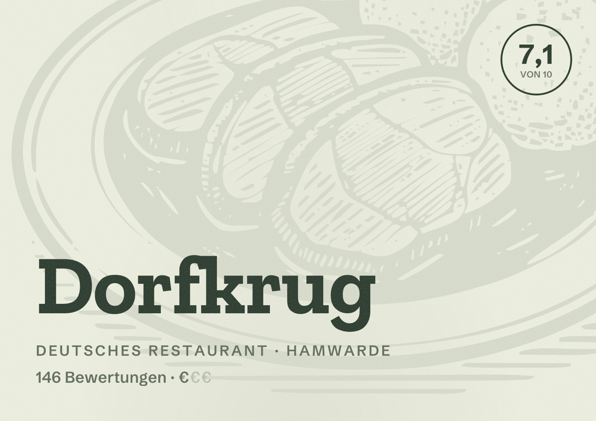 Illustriertes Poster von Dorfkrug, Deutsches Restaurant in Hamwarde: Bewertung 7,1 von 10 aus 146 Bewertungen, Preisniveau €
