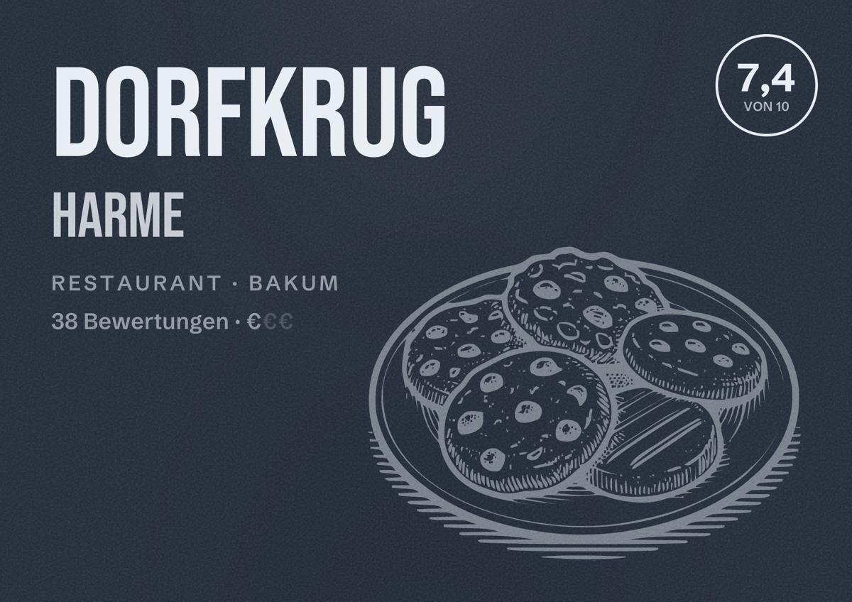 Illustriertes Poster von Dorfkrug Harme, Restaurant in Bakum: Bewertung 7,4 von 10 aus 38 Bewertungen, Preisniveau €