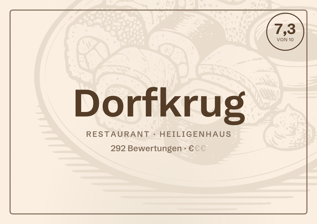 Illustriertes Poster von Dorfkrug, Restaurant in Heiligenhaus: Bewertung 7,3 von 10 aus 292 Bewertungen, Preisniveau €