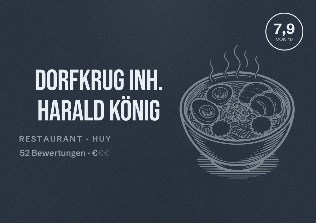 Illustriertes Poster von Dorfkrug Inh. Harald König, Restaurant in Huy: Bewertung 7,9 von 10 aus 52 Bewertungen, Preisniveau €