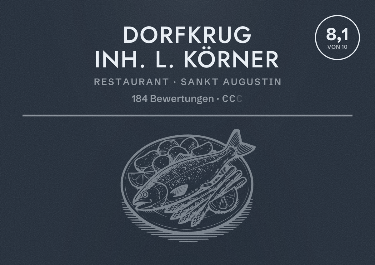Illustriertes Poster von Dorfkrug Inh. L. Körner, Restaurant in Sankt Augustin: Bewertung 8,1 von 10 aus 184 Bewertungen, Preisniveau €€