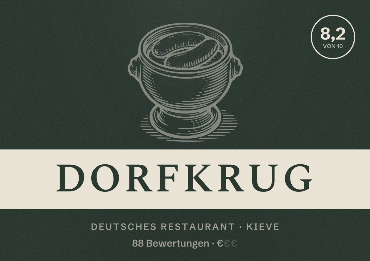 Illustriertes Poster von Dorfkrug, Deutsches Restaurant in Kieve: Bewertung 8,2 von 10 aus 88 Bewertungen, Preisniveau €