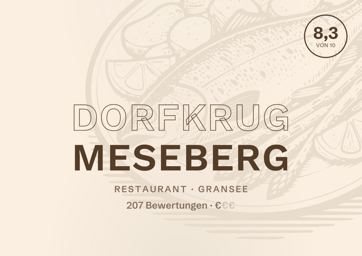 Illustriertes Poster von Dorfkrug Meseberg, Restaurant in Gransee: Bewertung 8,3 von 10 aus 207 Bewertungen, Preisniveau €