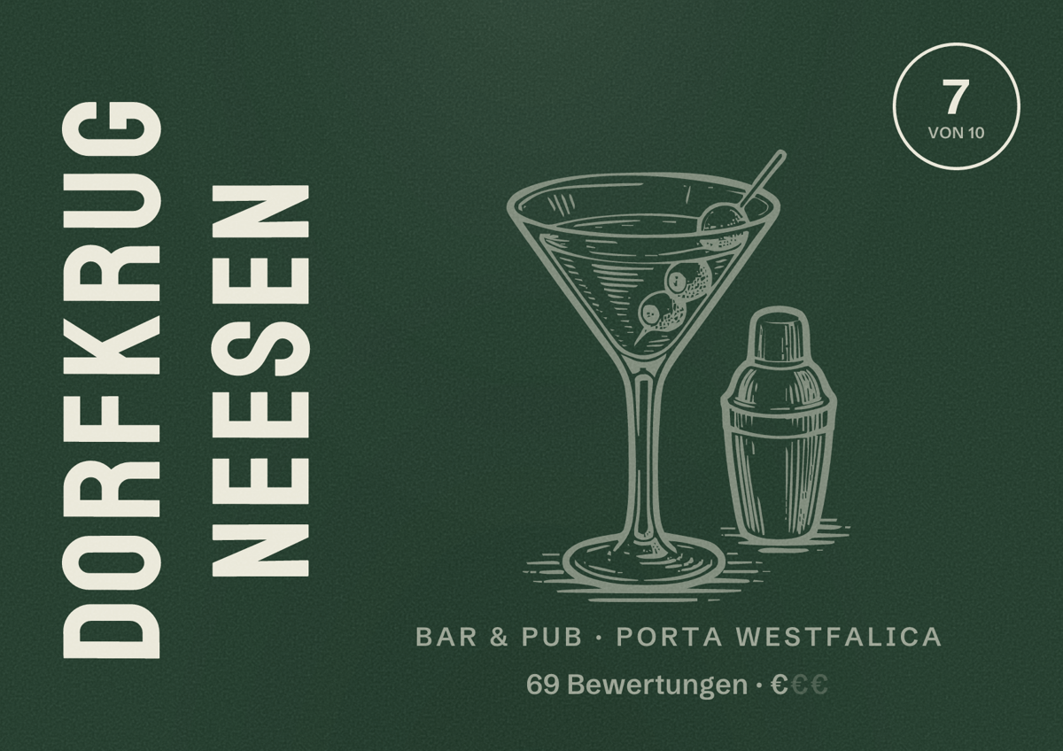 Illustriertes Poster von Dorfkrug Neesen, Bar & Pub in Porta Westfalica: Bewertung 7 von 10 aus 69 Bewertungen, Preisniveau €