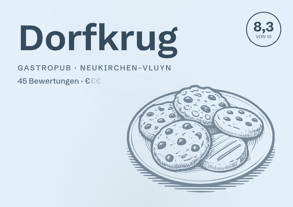 Illustriertes Poster von Dorfkrug, Gastropub in Neukirchen-Vluyn: Bewertung 8,3 von 10 aus 45 Bewertungen, Preisniveau €
