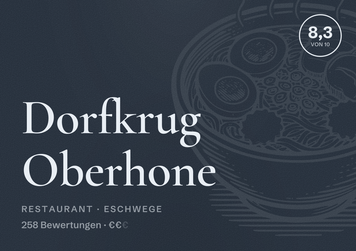 Illustriertes Poster von Dorfkrug Oberhone, Restaurant in Eschwege: Bewertung 8,3 von 10 aus 258 Bewertungen, Preisniveau €€